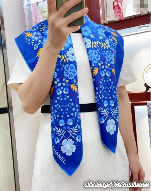 Low Cost Chanel Silk Sqaure Scarf 90x90cm with Flora 0619 Blue 2024