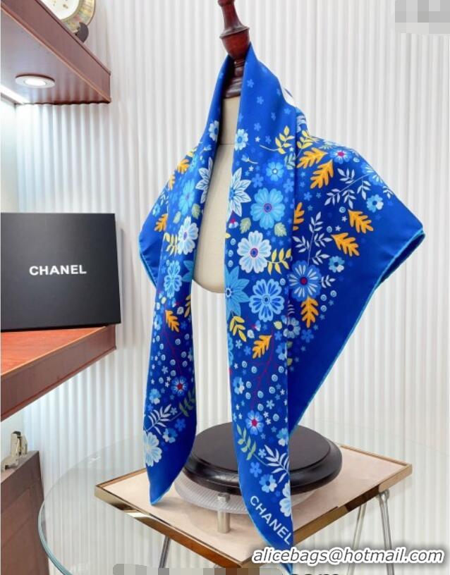 Low Cost Chanel Silk Sqaure Scarf 90x90cm with Flora 0619 Blue 2024