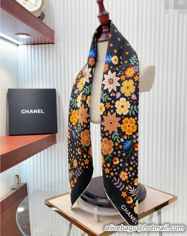 Luxurious Chanel Silk Sqaure Scarf 90x90cm with Flora 0619 Black 2024