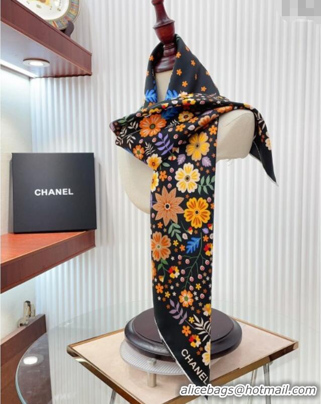 Luxurious Chanel Silk Sqaure Scarf 90x90cm with Flora 0619 Black 2024