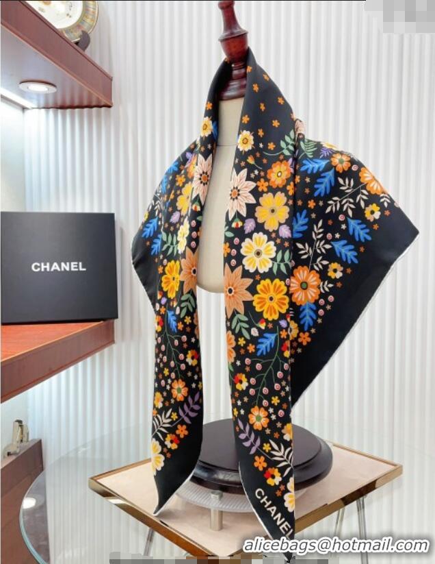 Luxurious Chanel Silk Sqaure Scarf 90x90cm with Flora 0619 Black 2024