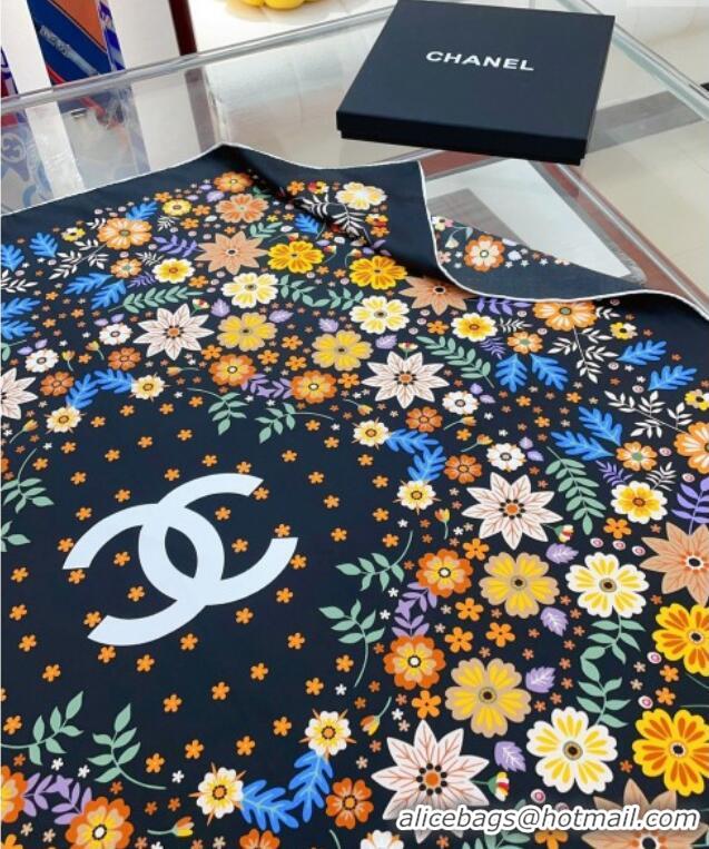 Luxurious Chanel Silk Sqaure Scarf 90x90cm with Flora 0619 Black 2024