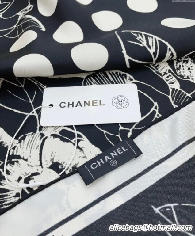 Popular Style Chanel Silk Square Scarf 90x90cm with Camellia Flora 0619 Black 2024