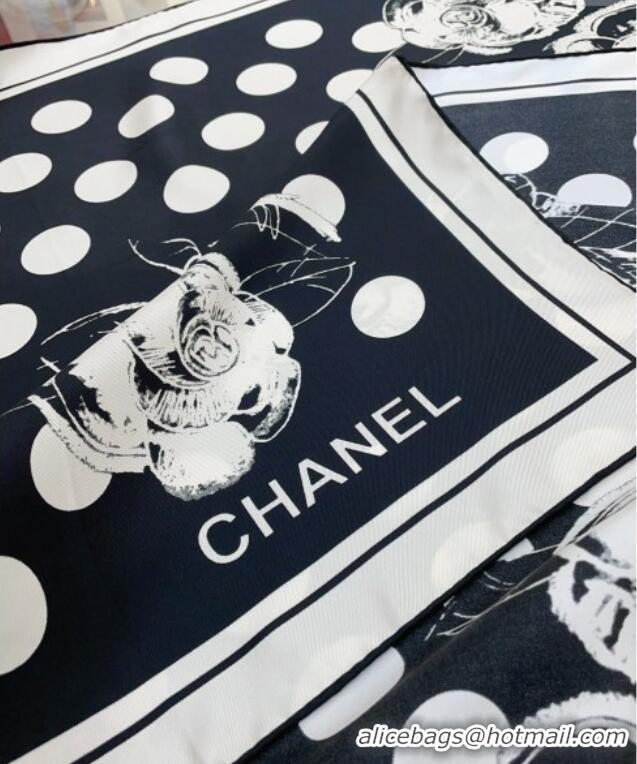 Popular Style Chanel Silk Square Scarf 90x90cm with Camellia Flora 0619 Black 2024