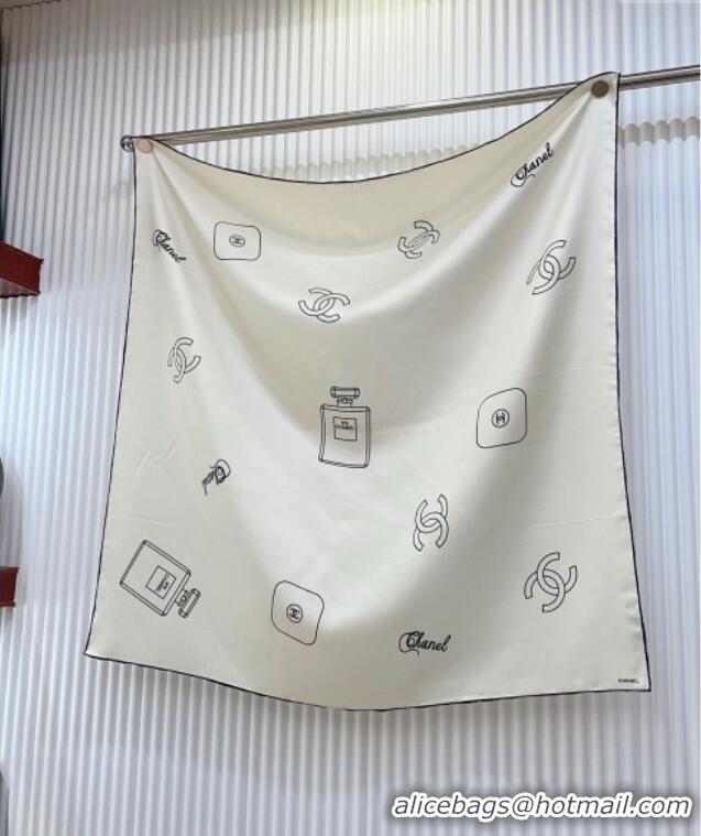 Most Popular Chanel Silk Square Scarf 90x90cm with Bottle Print 0619 White 2024