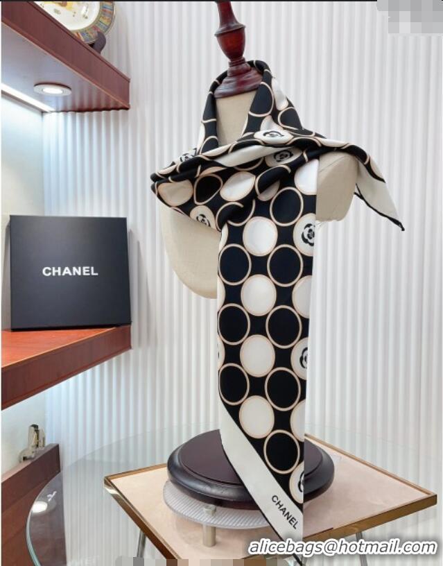 Luxury Cheap Chanel Silk Square Scarf 90x90cm with Round Print 0619 Black 2024