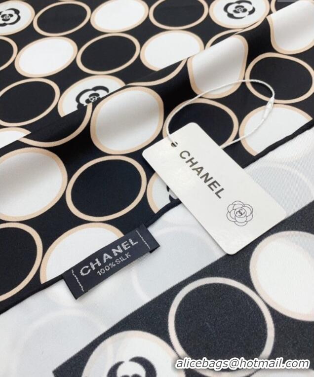 Luxury Cheap Chanel Silk Square Scarf 90x90cm with Round Print 0619 Black 2024