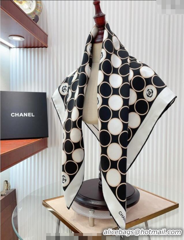 Luxury Cheap Chanel Silk Square Scarf 90x90cm with Round Print 0619 Black 2024