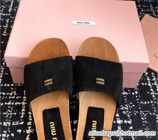 Luxury Discount Miu Miu Suede Slides Sandal Black 1228011