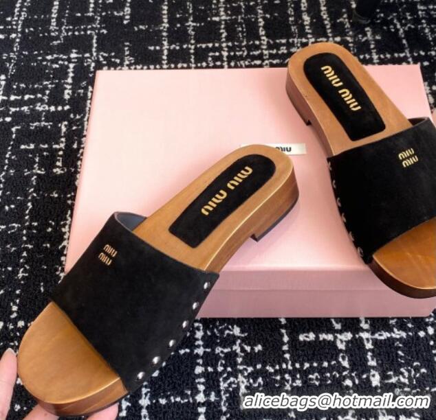 Luxury Discount Miu Miu Suede Slides Sandal Black 1228011