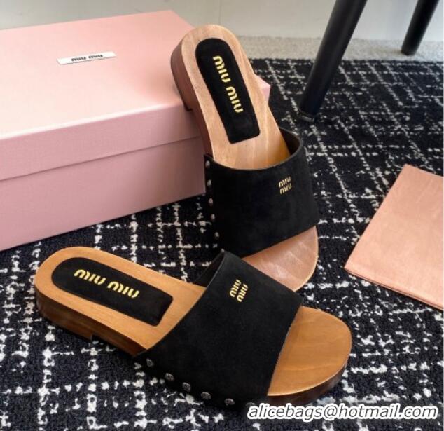 Luxury Discount Miu Miu Suede Slides Sandal Black 1228011