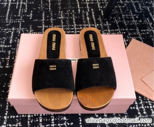 Luxury Discount Miu Miu Suede Slides Sandal Black 1228011