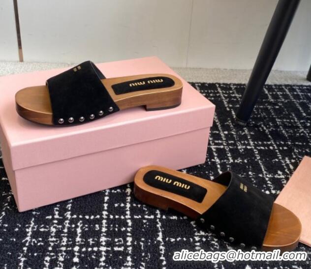 Luxury Discount Miu Miu Suede Slides Sandal Black 1228011