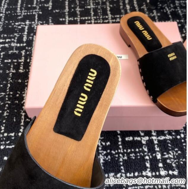 Luxury Discount Miu Miu Suede Slides Sandal Black 1228011