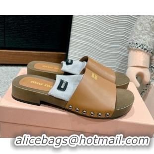 Best Product Miu Miu Socks Calf Leather Slides Sandal Brown 1228015