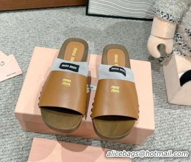 Best Product Miu Miu Socks Calf Leather Slides Sandal Brown 1228015