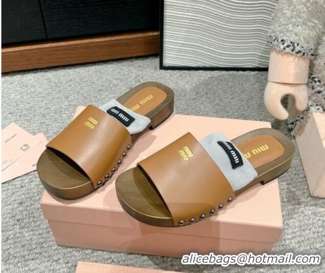 Best Product Miu Miu Socks Calf Leather Slides Sandal Brown 1228015