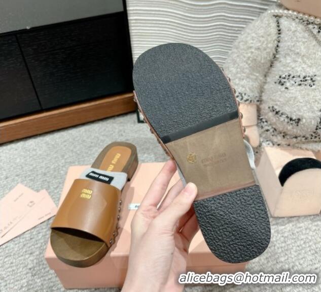 Best Product Miu Miu Socks Calf Leather Slides Sandal Brown 1228015