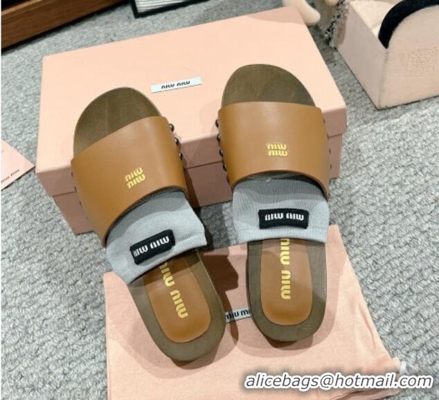 Best Product Miu Miu Socks Calf Leather Slides Sandal Brown 1228015