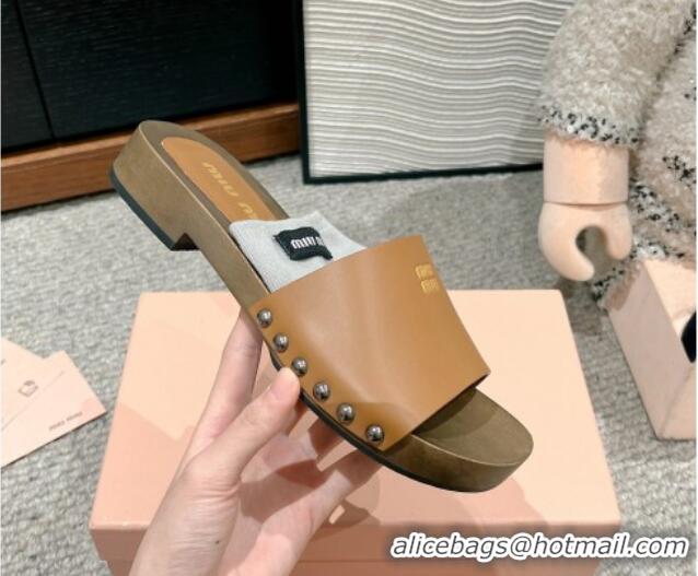 Best Product Miu Miu Socks Calf Leather Slides Sandal Brown 1228015