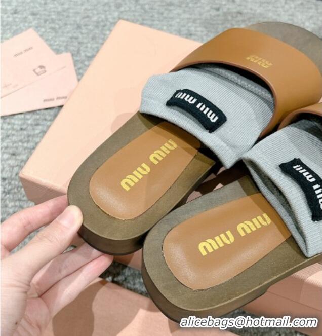 Best Product Miu Miu Socks Calf Leather Slides Sandal Brown 1228015