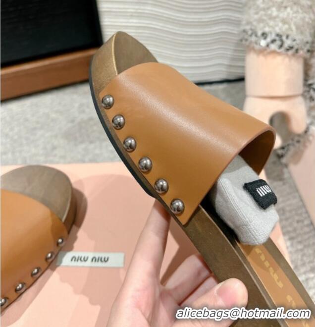 Best Product Miu Miu Socks Calf Leather Slides Sandal Brown 1228015