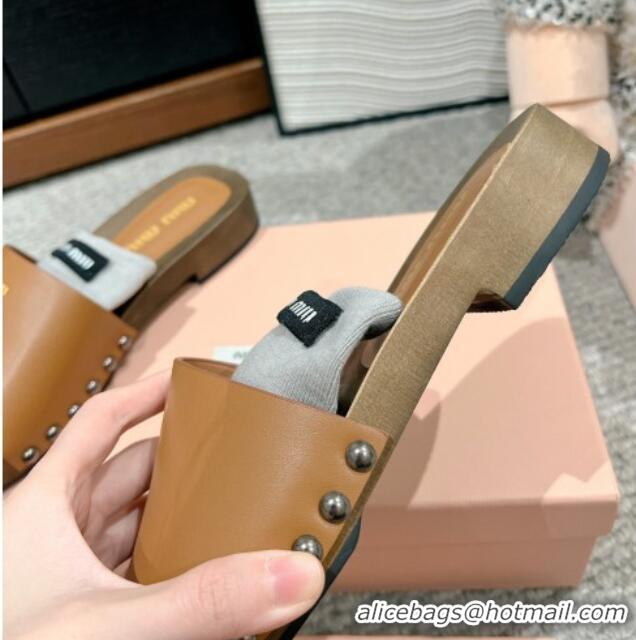 Best Product Miu Miu Socks Calf Leather Slides Sandal Brown 1228015