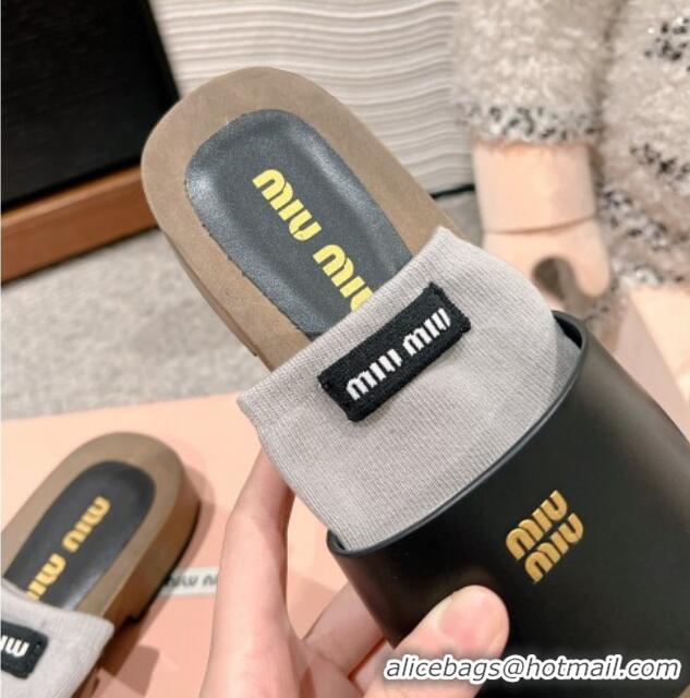 Luxurious Miu Miu Socks Calf Leather Slides Sandal Black 1228016