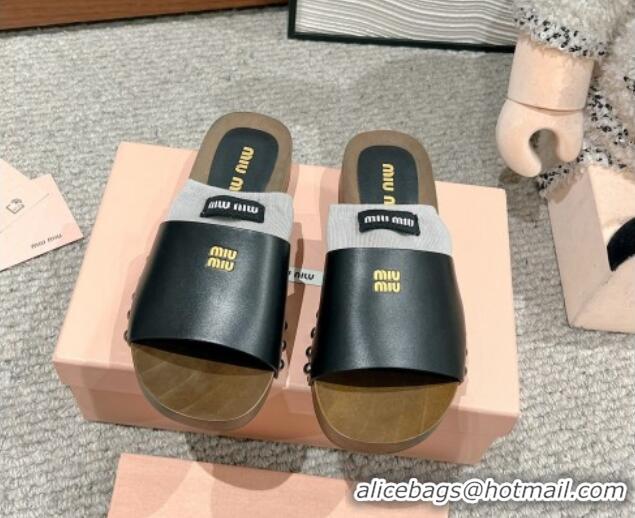 Luxurious Miu Miu Socks Calf Leather Slides Sandal Black 1228016