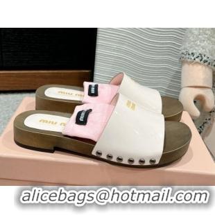 Good Product Miu Miu Socks Patent Leather Slides Sandal White/Pink 1228017