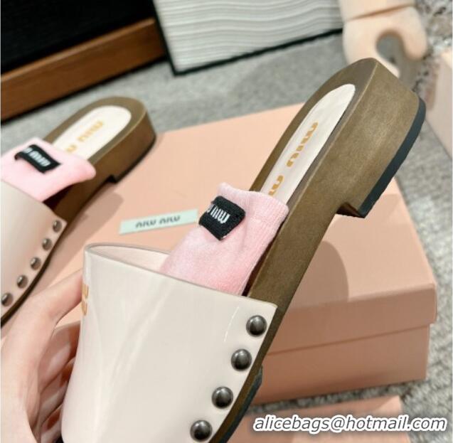 Good Product Miu Miu Socks Patent Leather Slides Sandal White/Pink 1228017