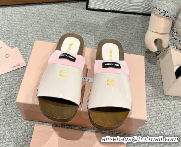 Good Product Miu Miu Socks Patent Leather Slides Sandal White/Pink 1228017