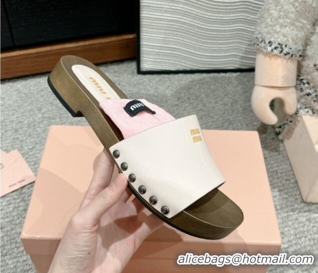 Good Product Miu Miu Socks Patent Leather Slides Sandal White/Pink 1228017