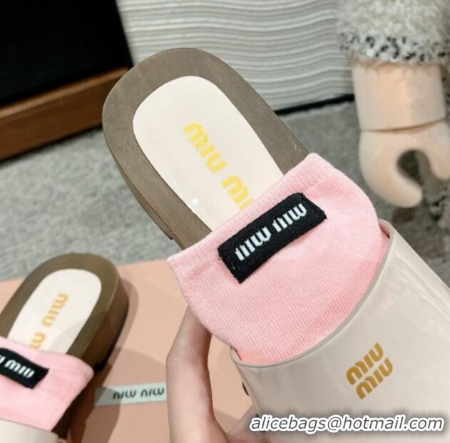 Good Product Miu Miu Socks Patent Leather Slides Sandal White/Pink 1228017