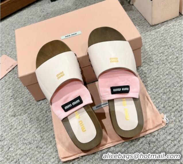 Good Product Miu Miu Socks Patent Leather Slides Sandal White/Pink 1228017