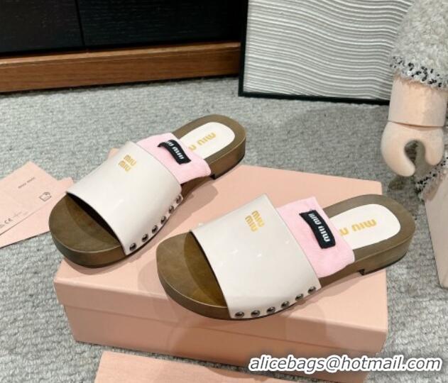 Good Product Miu Miu Socks Patent Leather Slides Sandal White/Pink 1228017