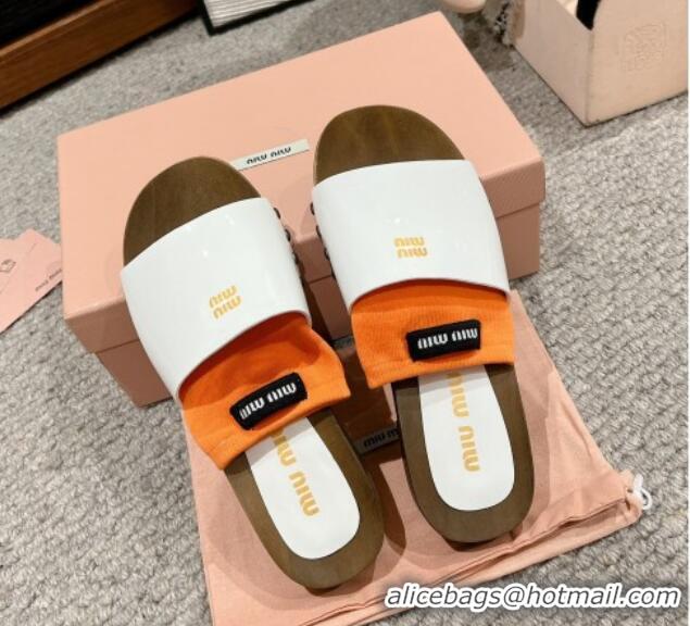 Big Discount Miu Miu Socks Patent Leather Slides Sandal White/Orange 1228018