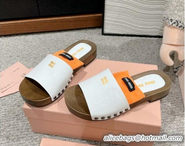 Big Discount Miu Miu Socks Patent Leather Slides Sandal White/Orange 1228018