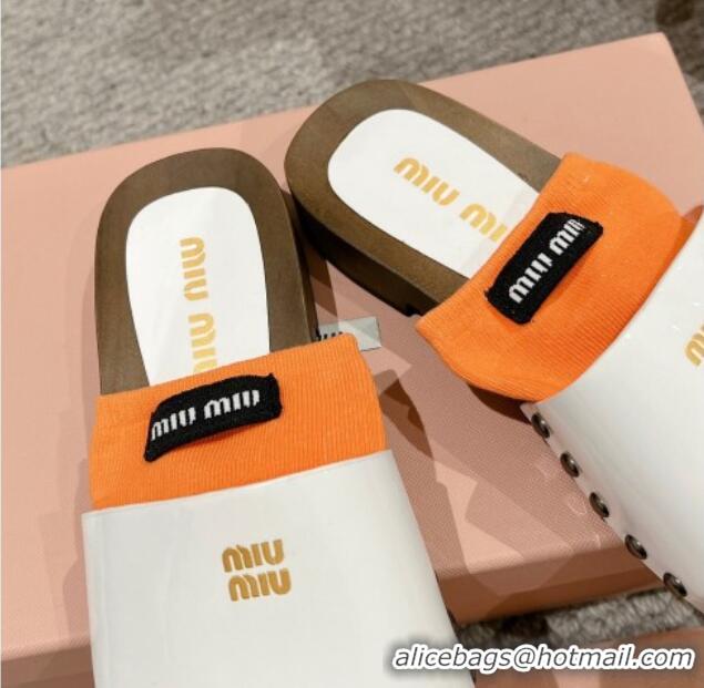 Big Discount Miu Miu Socks Patent Leather Slides Sandal White/Orange 1228018