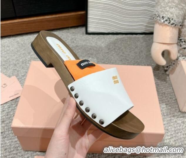 Big Discount Miu Miu Socks Patent Leather Slides Sandal White/Orange 1228018