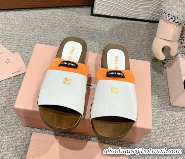 Big Discount Miu Miu Socks Patent Leather Slides Sandal White/Orange 1228018