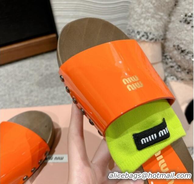 Good Quality Miu Miu Socks Patent Leather Slides Sandal Orange 1228020