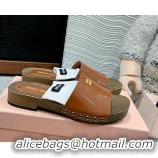 Charming Miu Miu Socks Patent Leather Slides Sandal Brown 1228022