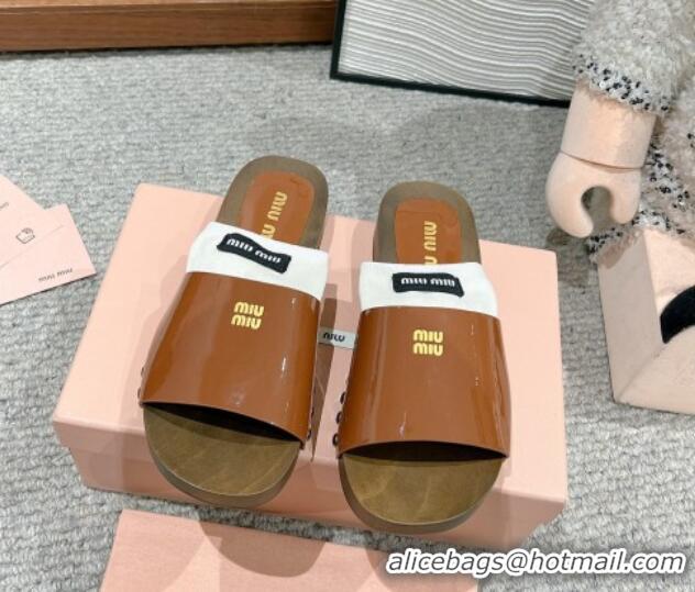 Charming Miu Miu Socks Patent Leather Slides Sandal Brown 1228022