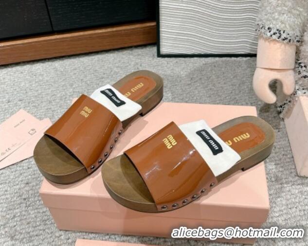 Charming Miu Miu Socks Patent Leather Slides Sandal Brown 1228022