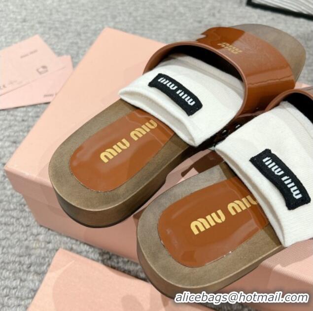 Charming Miu Miu Socks Patent Leather Slides Sandal Brown 1228022