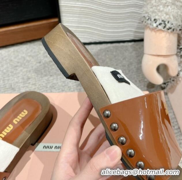 Charming Miu Miu Socks Patent Leather Slides Sandal Brown 1228022