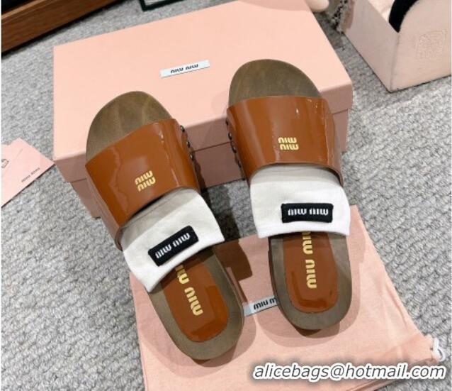 Charming Miu Miu Socks Patent Leather Slides Sandal Brown 1228022