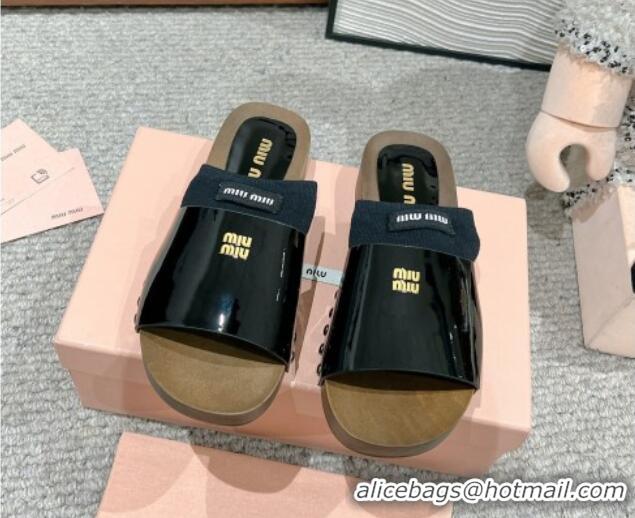 Luxury Cheap Miu Miu Socks Patent Leather Slides Sandal Black 1228023