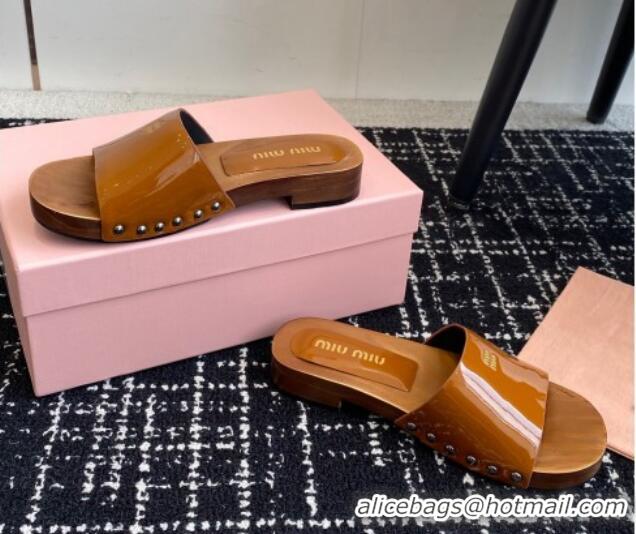 Buy Cheapest Miu Miu Patent Leather Slides Sandal Brown 1228025